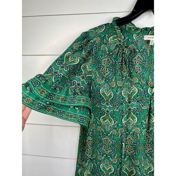 Max Studio Green  Peasant Blouse Ruffle Detail Patterned Short Sleeves Size M - Picture 4 of 13